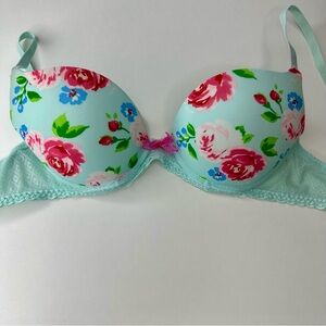 Gilly Hicks Y2K Push ‘Em Up Plunge 32D Teal Blue Floral Padded Bra with Bow